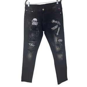 Men's 34 Embroidered Patch Black Denim Jeans With Skull & Graphic Designs